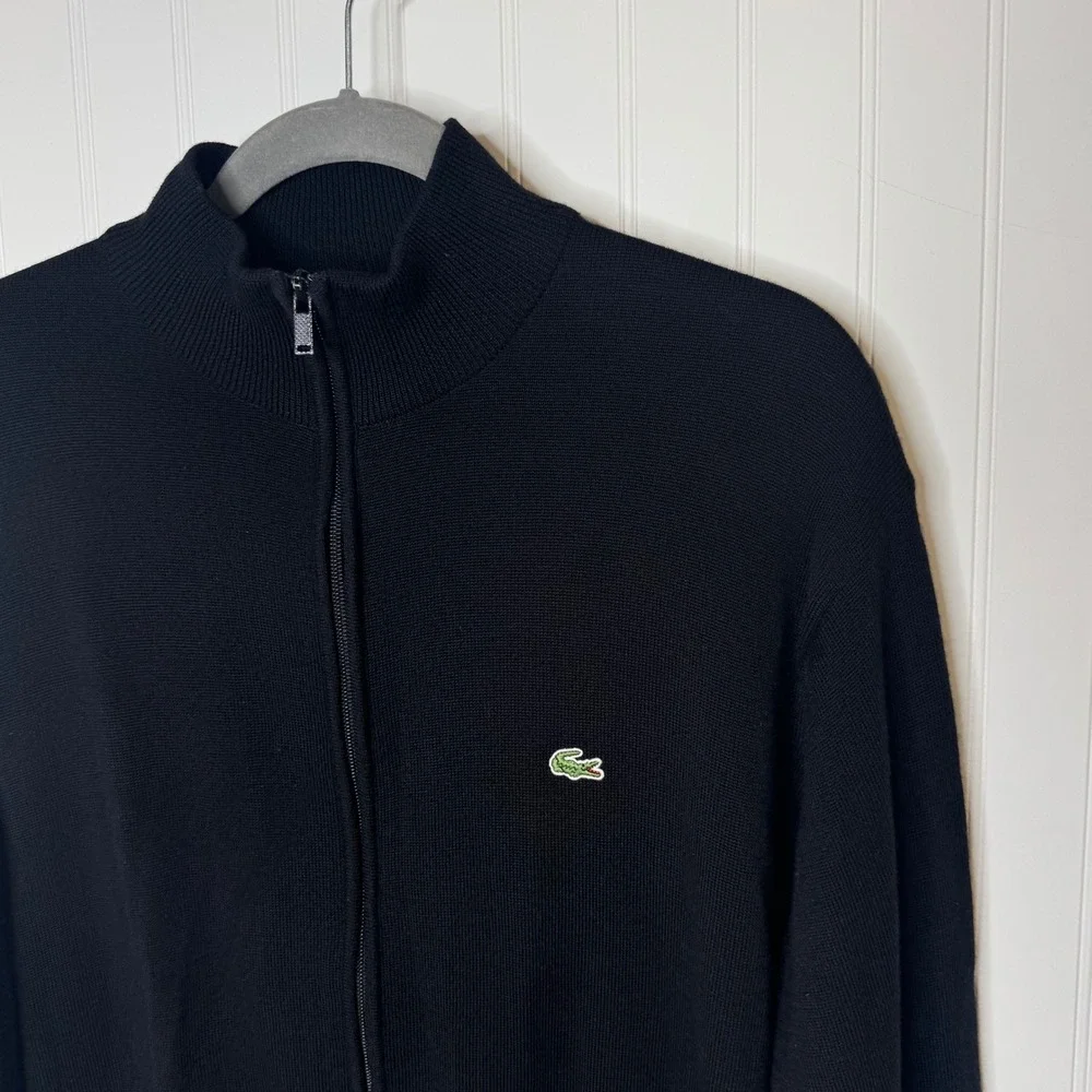90's Lacoste Double Zip Sweater Black Wool Mock Neck Cardigan Men's Size 6 XL